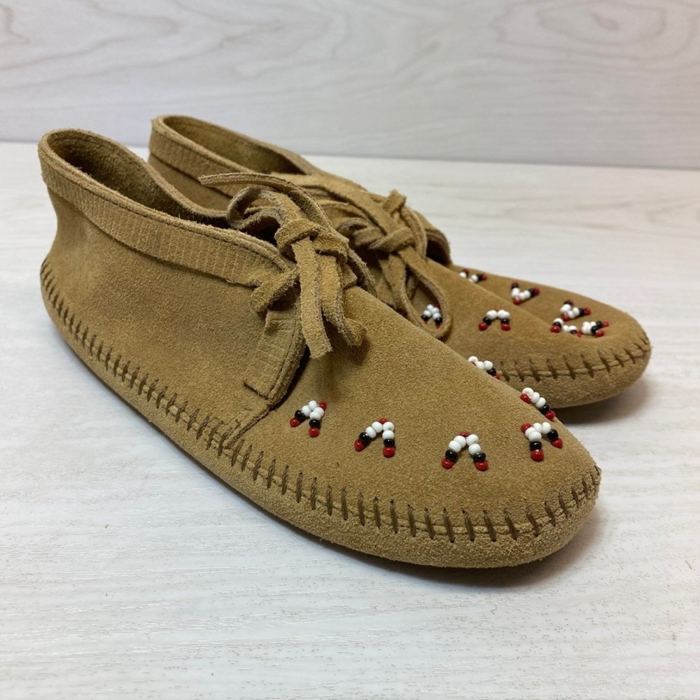 Minnetonka Kids Size 3 Moccasin Bootie Beaded Tan Suede Leather Softsole 2416